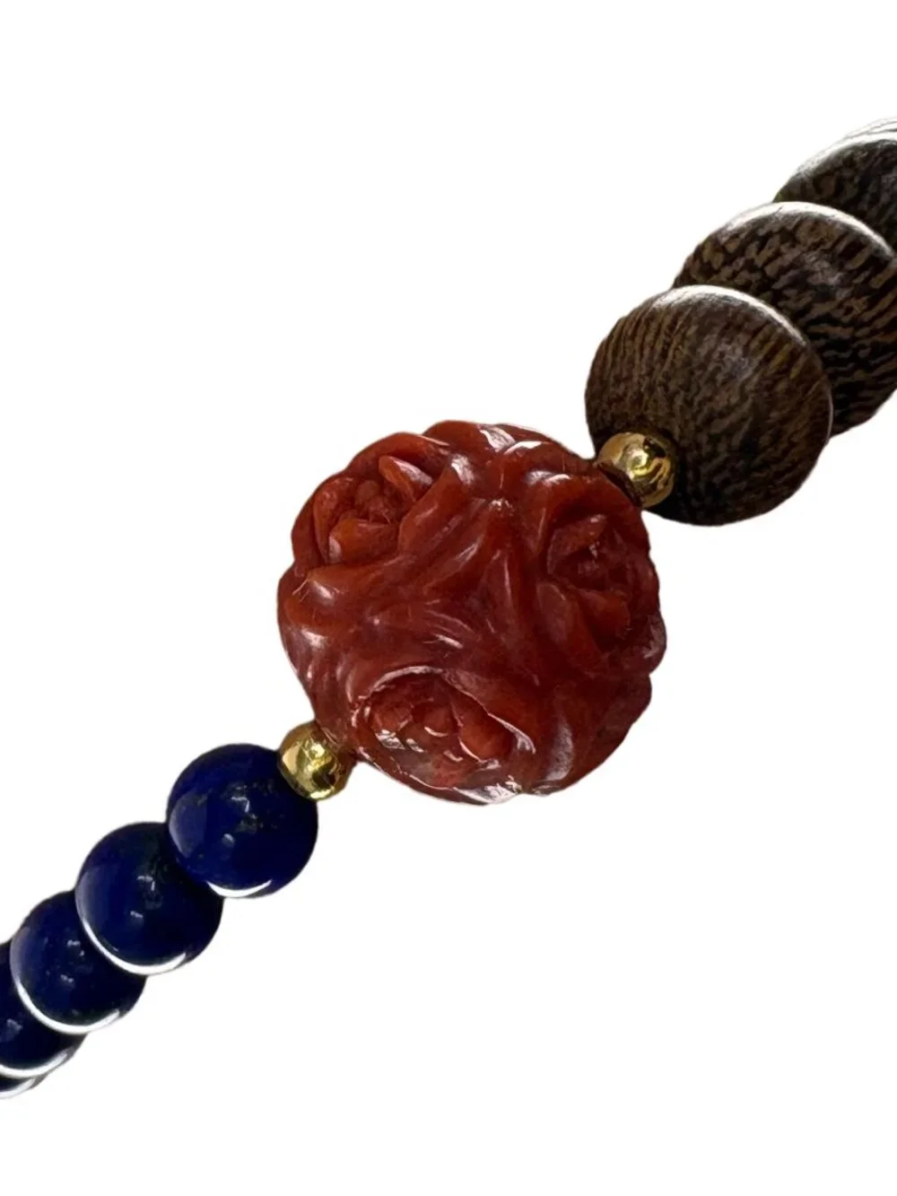 Hand-Carved Red Agate Rose Agarwood Lapis Lazuli Bracelet 18K Gold Filled 6.75